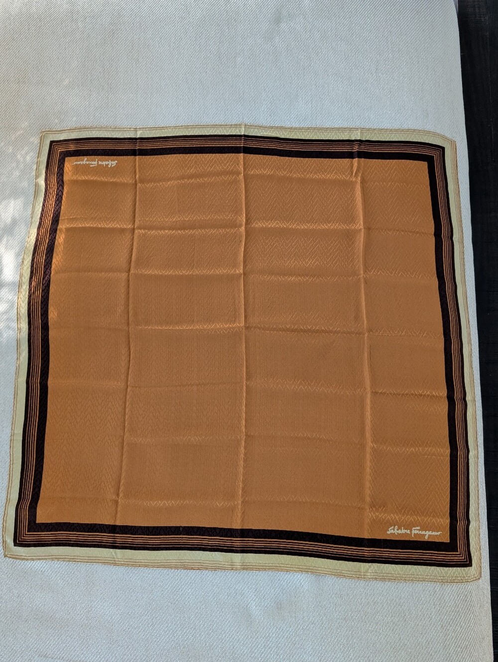 Vintage Salvatore Ferragamo Silk Golden Tan/Brown Scarf 31"x30"
